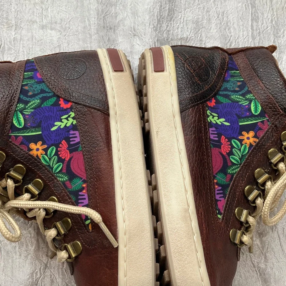 Inkkas Brown Leather Floral Cat Print High Top Sneakers Boots Womens 10 Mens 8